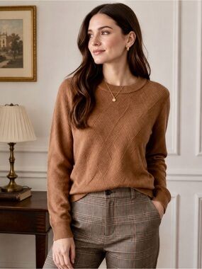 Gentle Herd Women’s Med Camel Textured Diamond Knit Sweater NWT Academia